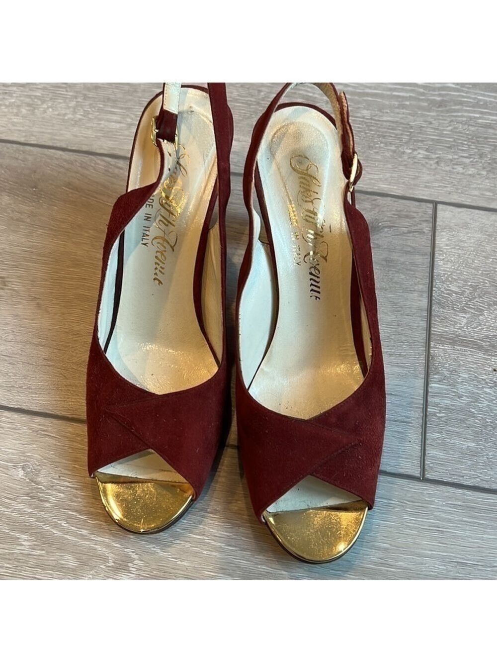 SAKS Fifth Avenue Burgundy Suede Peep Toe Slingback Heel Size 7 - Picture 3 of 12
